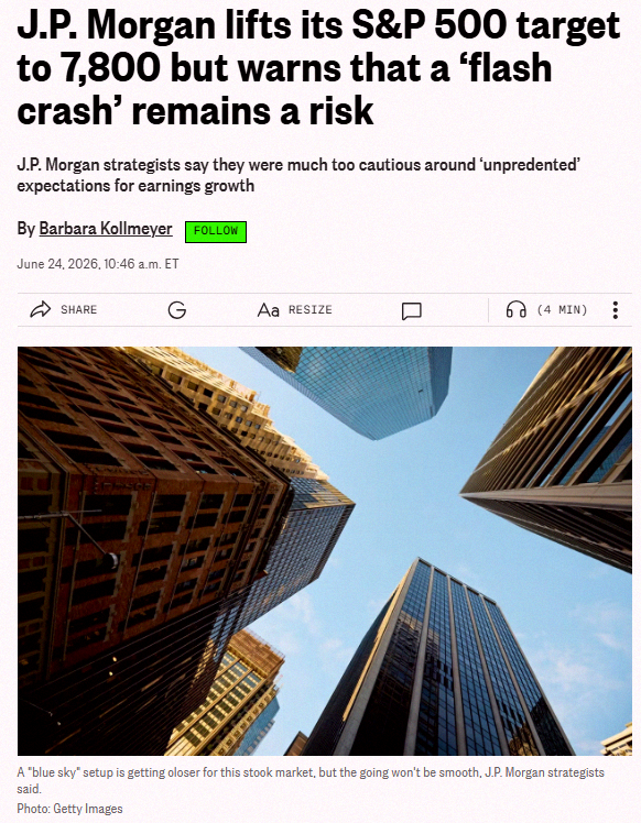 BricheAlice's tweet photo. J.P. Morgan is warning that the stock market could see a flash crash soon 🚨 🚨 https://t.co/VtDNvXmH3w