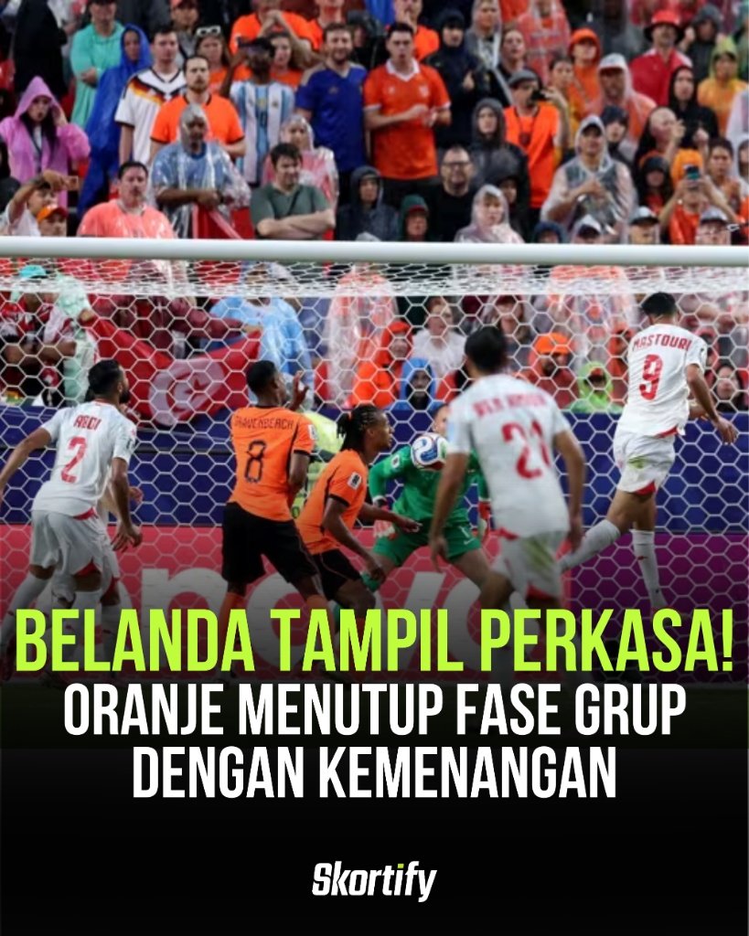 Skortify_Offc's tweet photo. Belanda tampil perkasa! 🇳🇱 

Oranje menutup fase grup Piala Dunia 2026 dengan kemenangan meyakinkan 1-3 atas Tunisia. Hasil dominan ini memastikan tim asuhan Ronald Koeman melaju ke babak 32 besar dengan modal performa yang solid!

#Skortify #BarengSkortify https://t.co/uW6Q4Trll2
