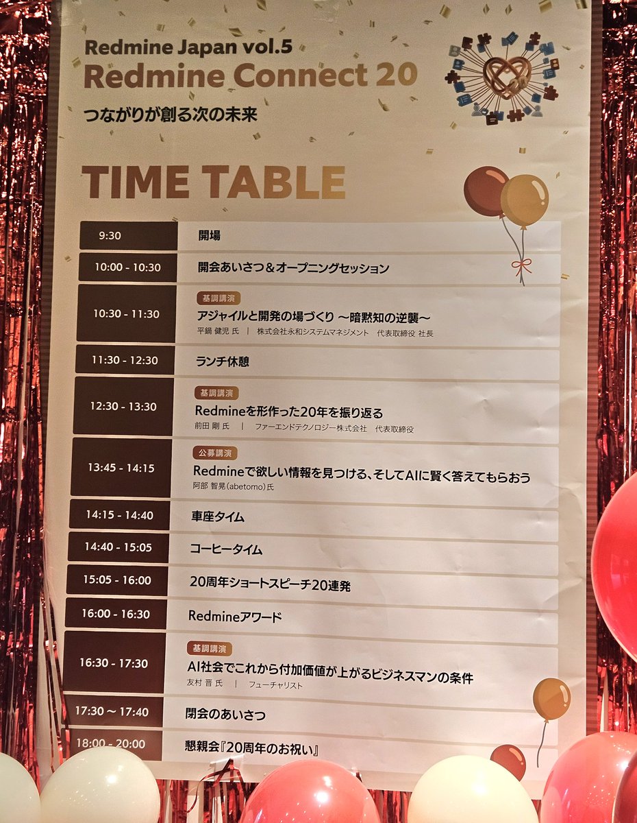 akahane92's tweet photo. #RedmineJapan に参加中。参加できてうれしい/#Redmine 20th Anniversary🎊💐 https://t.co/sGdbgfHRK8