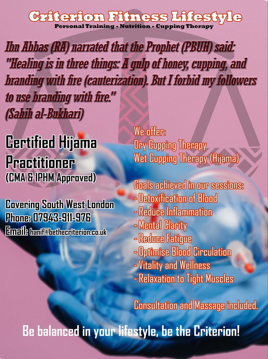 bethecriterion's tweet photo. Cupping Therapy is a minor operation to remove toxic blood from the body, which increases vitality, reduces inflammation and helps with clarity.

Come see us in South West London and follow.

#hijamalondon #cuppingtherapylondon #cupping https://t.co/7PCwstogZ6