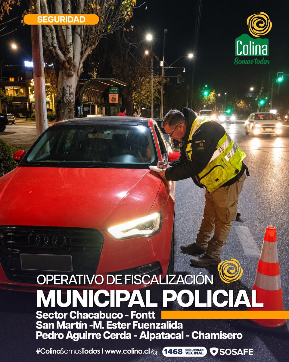imvalenzuela's tweet photo. La seguridad se demuestra con resultados, no con discursos.

En un nuevo operativo conjunto entre Carabineros y nuestros equipos de Seguridad Municipal realizamos 74 fiscalizaciones, cursamos 12 infracciones, efectuamos 36 controles de identidad y logramos 2 detenciones, una por orden vigente y otra por conducir sin licencia profesional.

Como alcaldesa seguiré impulsando una estrategia basada en presencia en terreno, coordinación con las policías y acciones concretas. Nuestros vecinos no quieren promesas, quieren resultados, y en Colina seguiremos trabajando todos los días para entregarlos.

#ColinaMásSeguridad #ColinaSomosTodos