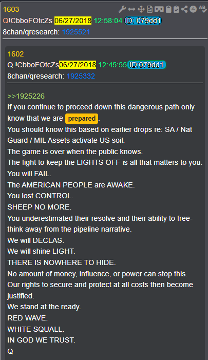 1776Tron's tweet photo. Prepare | Delta in 2 days 🕰️
  ⬇️
If you continue to proceed down this dangerous path only know that we are prepared.
You should know this based on earlier drops re: SA / Nat Guard / MIL Assets activate US soil.
The game is over when the public knows.
The fight to keep the LIGHTS OFF is all that matters to you.
You will FAIL.
The AMERICAN PEOPLE are AWAKE.
You lost CONTROL.
SHEEP NO MORE.
You underestimated their resolve and their ability to free-think away from the pipeline narrative.
We will DECLAS.
We will shine LIGHT.
THERE IS NOWHERE TO HIDE.
No amount of money, influence, or power can stop this.
Our rights to secure and protect at all costs then become justified.
We stand at the ready.
RED WAVE.
WHITE SQUALL.
IN GOD WE TRUST.
