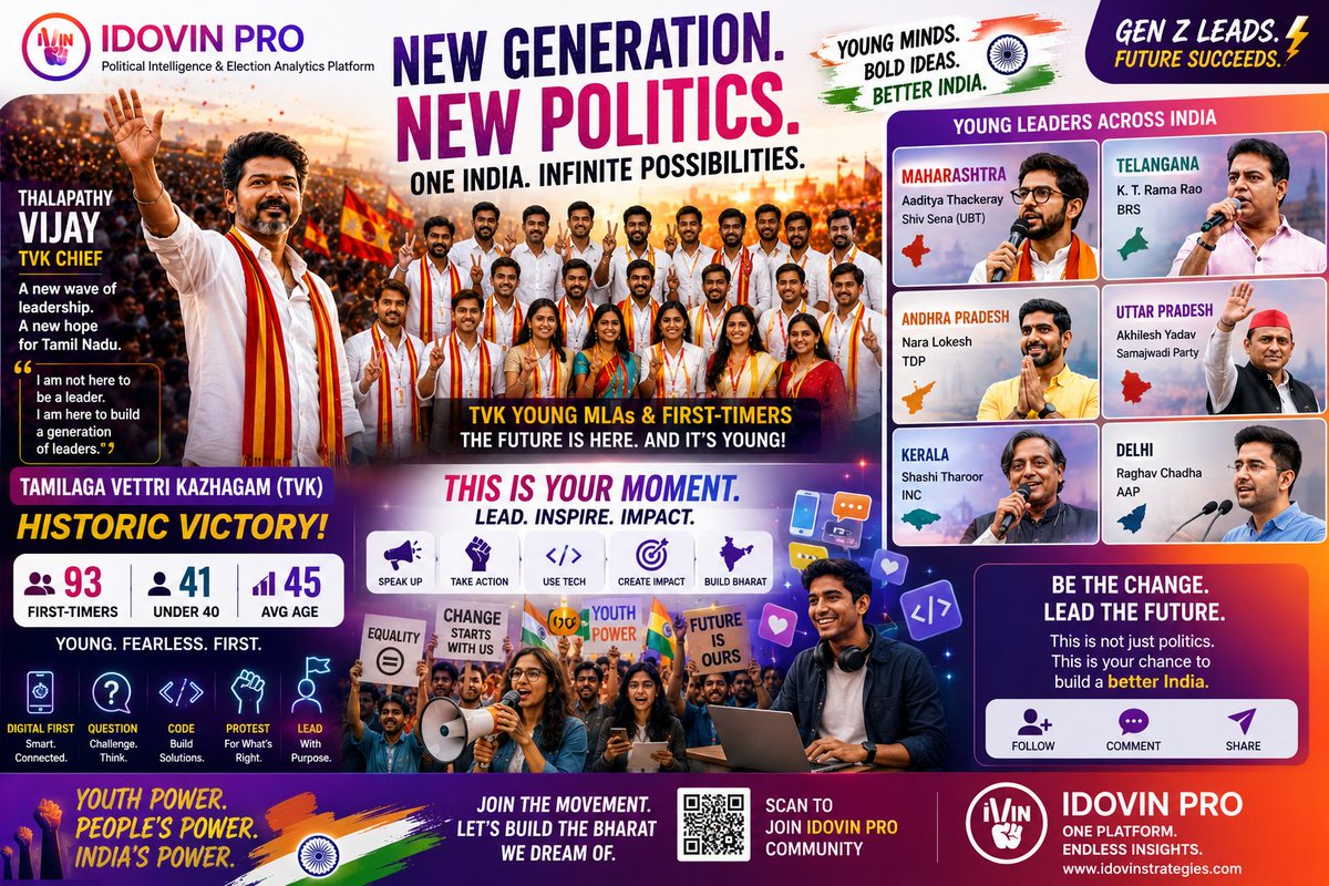idovinstrategy's tweet photo. 🚀 The Youth Tsunami is HERE! 

After TVK’s 108-seat shakeup in TN — 93 first-timers, 41 under 40, avg age 45 — India’s Gen Z is rewriting the rules. No more waiting for “experience.” Fresh ideas, digital fire, and real change are winning big. 

Young leaders in Maharashtra, Telangana, AP, UP & beyond: This is YOUR moment. 

The old guard is fading. Who’s stepping up next? 

Tag a Gen Z leader killing it in your state 👇 Drop their name & why they inspire you!

#GenZPolitics #YouthPower #IndianYouthRise #NextGenLeaders #PoliticsForTheFuture