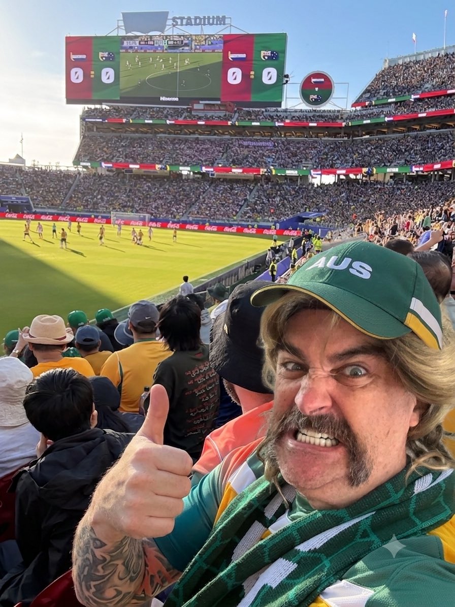 MickAgro's tweet photo. At the Para are Gay v Socceroos match in San Jose. I’m completely shit faced https://t.co/Apip88571D
