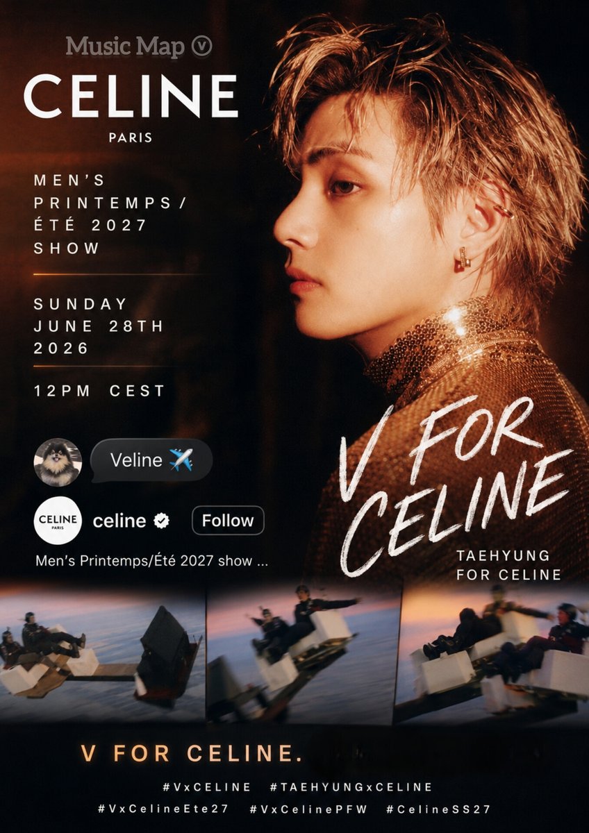 musicmapv's tweet photo. FUN FACTS: In 2025, CELINE — which hadn't held runway shows for years — made a monumental comeback, becoming the second most-mentioned brand at the event and surpassing historic fashion houses that boasted numerous global ambassadors and celebrities.

Official data confirmed that Kim Taehyung’s presence was the decisive factor for Celine at the event. 

Kim Taehyung was one of the top drivers of EMV across all of #PFW, accounting for over 70% of the brand's total EMV.

Taehyung propelled Celine, which was returning to PFW after a hiatus, with unparalleled intensity in a short two-day tracking period.

V FOR CELINE
TAEHYUNG FOR CELINE 
#VxCELINE #TAEHYUNGxCELINE 
#VxCelineEte27 #VxCelinePFW #CelineSS27