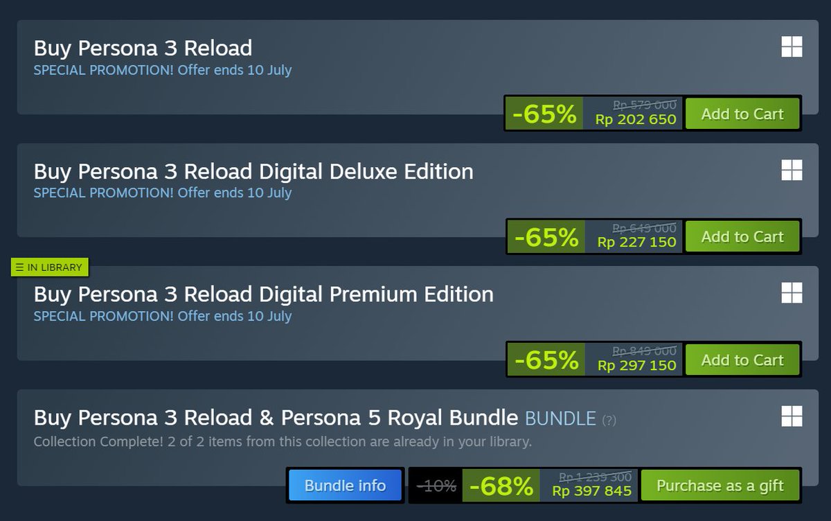 ezash's tweet photo. Selamat pagi.
Mau ngabarin kalo Persona 5 Royal &amp; Persona 3 Reload lagi diskon cukup gede di Steam Summer Sale

Kapan lagi IDR 400k dapet 2 game Persona? :D https://t.co/snOSgDQe2e