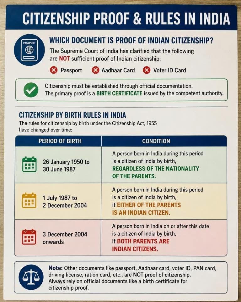 ParthaB2019's tweet photo. Since standard IDs aren't definitive proof of citizenship, @HMOIndia should introduce a universal Citizenship Card. It’s time for a one-stop solution to verify Indian nationals and permanently address status ambiguities. https://t.co/7NQNjqAWqy