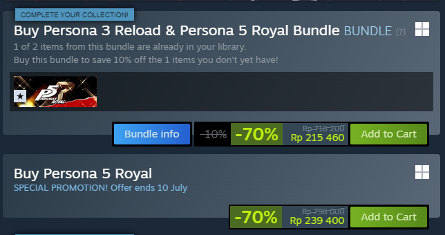 ezash's tweet photo. Selamat pagi.
Mau ngabarin kalo Persona 5 Royal &amp; Persona 3 Reload lagi diskon cukup gede di Steam Summer Sale

Kapan lagi IDR 400k dapet 2 game Persona? :D https://t.co/snOSgDQe2e