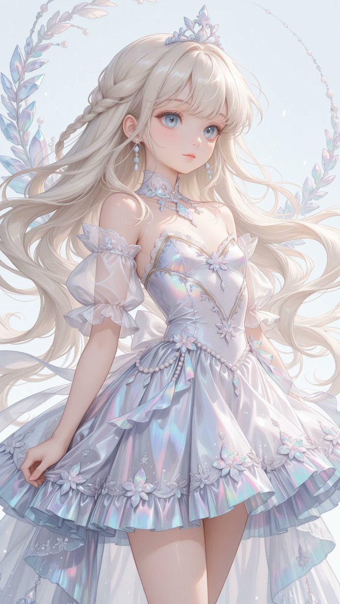 AliceLavli's tweet photo. 光を纏ったドレスの衣装プロンプトをどうぞ✨
radiant light-inspired dress, fitted bodice, sweetheart neckline, translucent off-shoulder sleeves, high waistline, layered bell-shaped skirt with flowing organza panels, cascading translucent chiffon drapes, delicate crystal bead embroidery across the bodice and skirt, shimmering pearl accents, iridescent ribbon details, soft feather-like layered trims, faceted crystal ornaments at the waist, flowing back ribbons, airy floating silhouette, strict color placement, pure white fabric only for the main dress, champagne gold only for embroidery and decorative trim, iridescent crystal only for ornaments, pearl white only for beads and pearls, translucent white only for the chiffon, organza and ribbon layers, symmetrical construction, precise tailoring