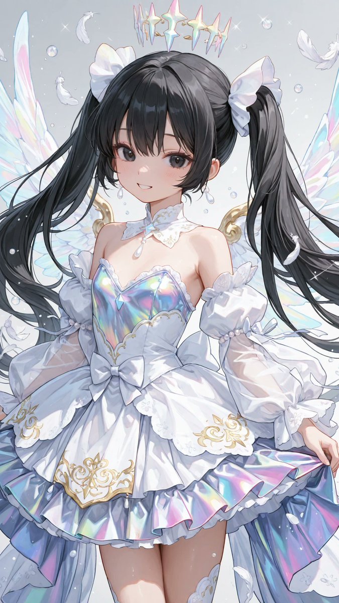 AliceLavli's tweet photo. 光を纏ったドレスの衣装プロンプトをどうぞ✨
radiant light-inspired dress, fitted bodice, sweetheart neckline, translucent off-shoulder sleeves, high waistline, layered bell-shaped skirt with flowing organza panels, cascading translucent chiffon drapes, delicate crystal bead embroidery across the bodice and skirt, shimmering pearl accents, iridescent ribbon details, soft feather-like layered trims, faceted crystal ornaments at the waist, flowing back ribbons, airy floating silhouette, strict color placement, pure white fabric only for the main dress, champagne gold only for embroidery and decorative trim, iridescent crystal only for ornaments, pearl white only for beads and pearls, translucent white only for the chiffon, organza and ribbon layers, symmetrical construction, precise tailoring