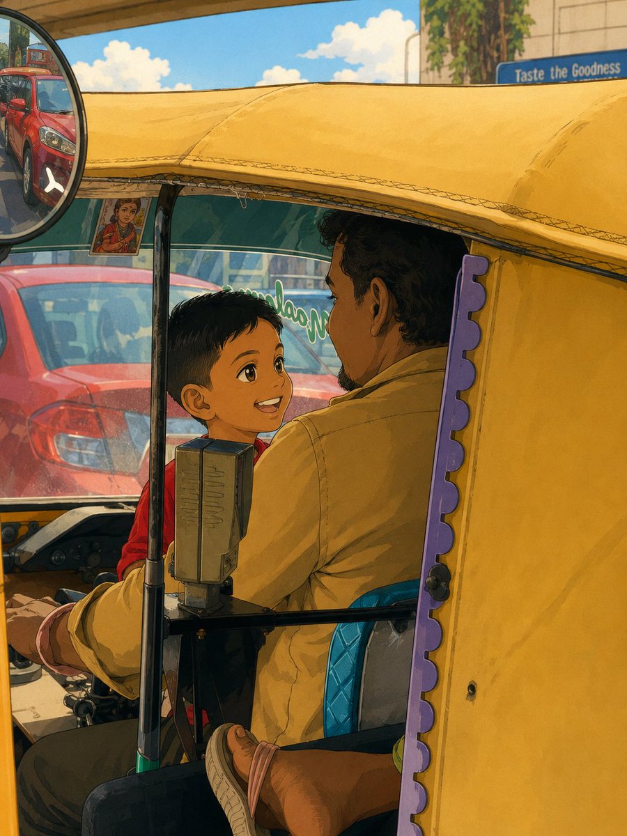 vorloop's tweet photo. Another day, yet another beautiful moment. A long traffic signal (yes, Bangalore!) gave this little one just enough time to move from the back of the autorickshaw to the front, simply to be close for a while! https://t.co/9OUJpwu1to