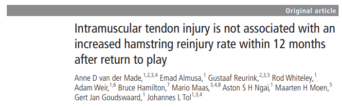 trainer_blog's tweet photo. 【ハムストリング損傷：MRIで「腱」が傷ついていたら再発しやすい？】

van der Made et al., Br J Sports Med. 2018

📌 
・急性ハムストリング損傷の約40%に筋内腱損傷（intramuscular tendon injury）を認めた。 
・12か月以内の再受傷率：腱損傷あり(20%) vs なし(20%) で差はなかった。 
・「腱損傷＝再発リスク増」とした過去の報告を、より大規模な前向き調査で否定する結果となった。 
・ただし、腱損傷がある場合は復帰までが約8〜9日長くなる傾向がある。

⚠️ 研究デザイン：前向きコホート研究

💡 
ハムストリング損傷では、MRI所見が復帰判断の参考になる一方で、画像だけで再受傷リスクを予測することは難しいかもしれません。
本研究では、筋内腱損傷の有無と再受傷率との関連は認められませんでした。
復帰判断では、画像所見だけでなく症状や機能評価を組み合わせることが重要かもしれません！

🔗 https://t.co/ZPiSwodYGh
