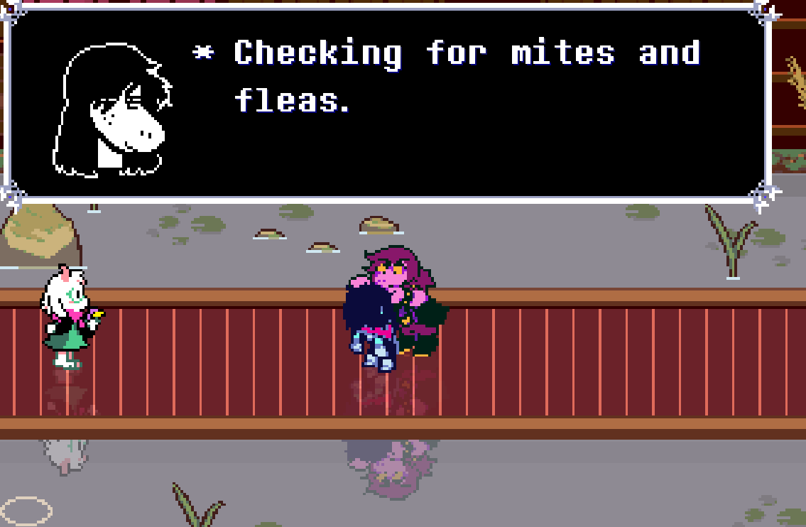 scooburry's tweet photo. Checking for mites and fleas Mentioned #deltarune https://t.co/ZEfHRG84bB