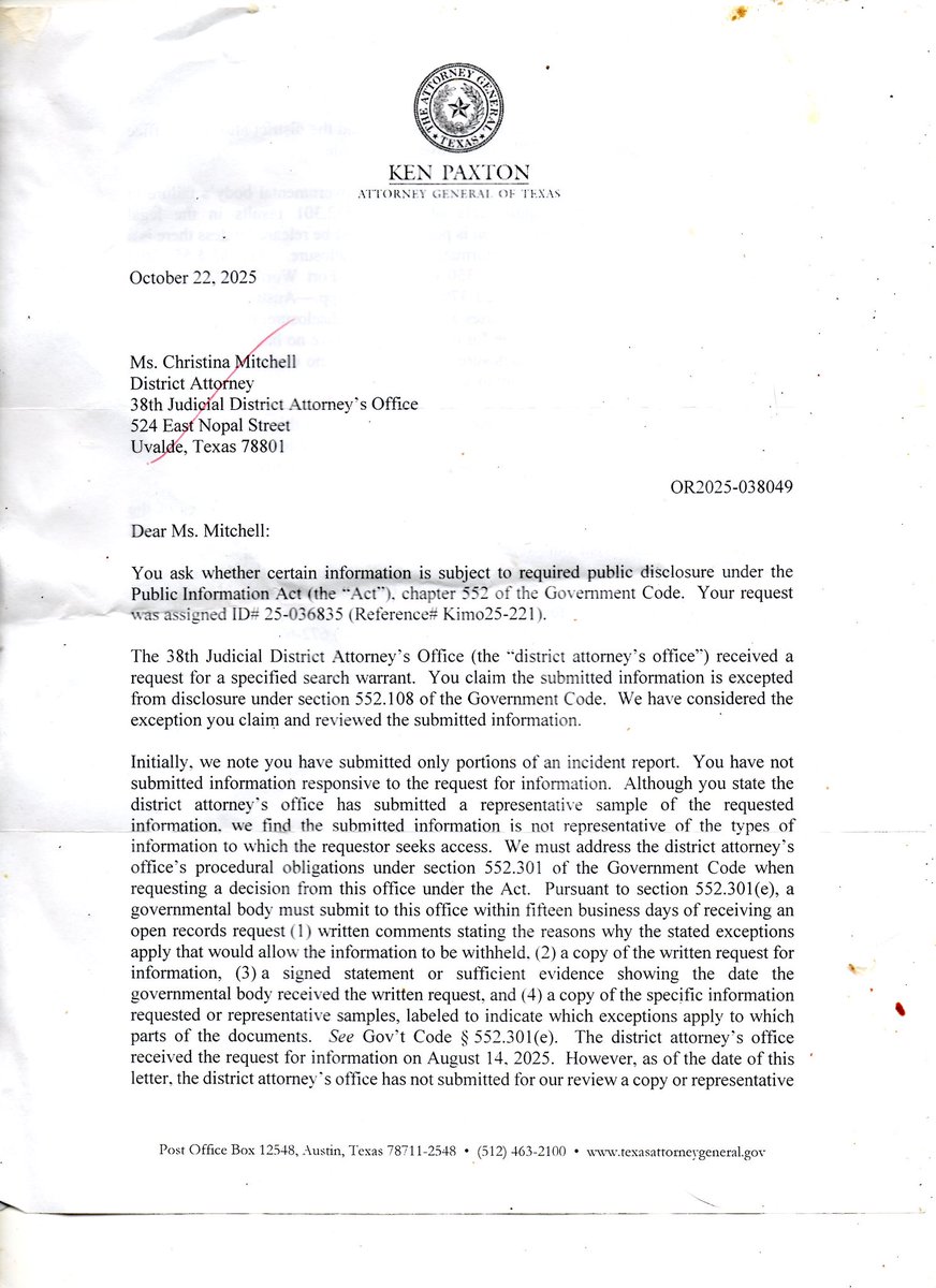 UvaldeH's tweet photo. Texas Attorney General Letter Decision page 1 to release Robb School related Records. 38th D.A.Christiina Mitchell refuses to comply. @laralogan @KenPaxtonTX @TexasTribune @ExpressNews @SharylAttkisson @TXFOIFT https://t.co/x4hh6THkIW