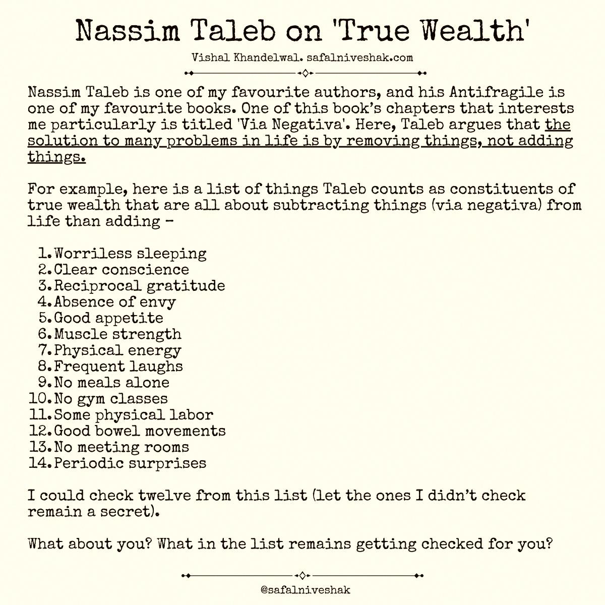 john_frncsco's tweet photo. Real wealth isn’t about what you own, it’s what you don’t need. Wise words from @nntaleb 💭 https://t.co/02AhfSXJFE