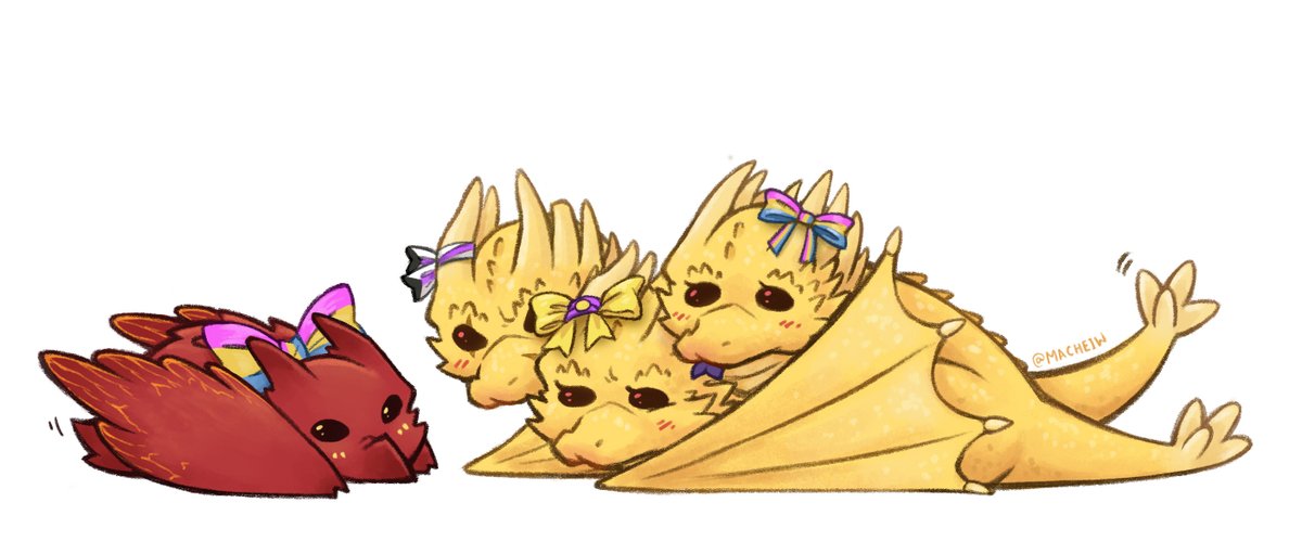 Macheiw's tweet photo. It's little late in the month, but I wanted to post my crack OTPs with my headcanon for their sexualities/gender~
It's nothing really crazy, but it would be my first time "celebrating" pride with my art and I wanted to make something cute ❤️ #rodorah #rodan #kingghidorah https://t.co/Jd0GKNeZGh