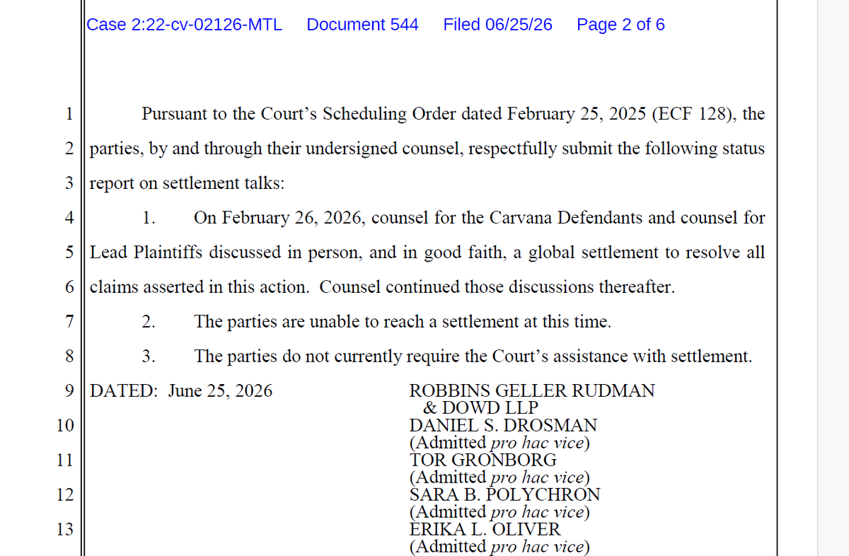 MinotaurStocks's tweet photo. $CVNA securities litigation suit not settling (no surprise). This case is a ticking time bomb of liability potentially in the billions that neither analysts nor the company want to acknowledge, but when it gets real it will get real fast. https://t.co/Vwz1LyxEkE