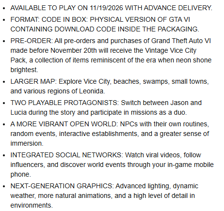 beebomgaming's tweet photo. Rockstar may have accidentally leaked some GTA 6 features on Amazon Brazil listings:

-LARGER MAP: Explore Vice City, beaches, swamps, small towns, and various regions of Leonida.
-TWO PLAYABLE PROTAGONISTS: Switch between Jason and Lucia during the story and participate in missions as a duo.
-A MORE VIBRANT OPEN WORLD: NPCs with their own routines, random events, interactive establishments, and a greater sense of immersion.
-INTEGRATED SOCIAL NETWORKS: Watch viral videos, follow influencers, and discover world events through your in-game mobile phone.
-NEXT GENERATION GRAPHICS: Advanced lighting, dynamic weather, more natural animations, and a high level of detail in environments.

This information could've been added by Amazon (translated using Google), so take it with a grain of salt