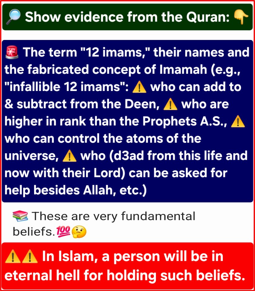DawahDen's tweet photo. @doeitsmome Shias are unable to dfnd their fbrctd pagn man-made rlgn, invented centuries after the Prophet SA in Kufa.👇

🔸️Their own fbrctd rlgn &amp; unreliable sources refute their Imams-wrshpng pagn man-made rlgn. 👇

🎯👉 Note: Whataboutism &amp; lying will not prove ur man-made rlgn. 💯 https://t.co/y1EjvBv5ya