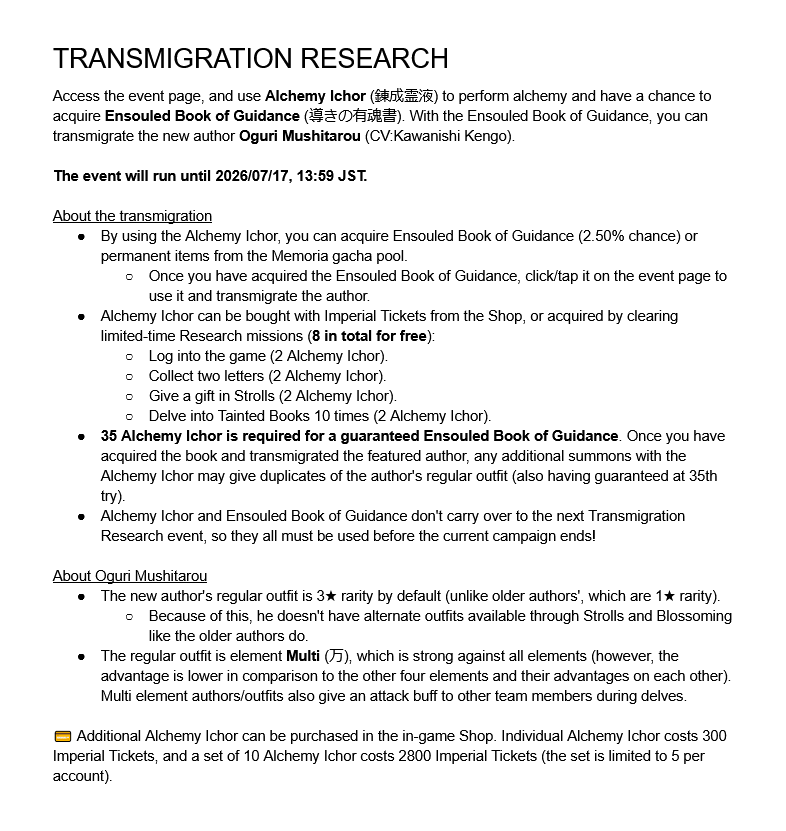 BunAl_ENG's tweet photo. Transmigration Research event featuring new author 🄾🄶🅄🅁🄸 🄼🅄🅂🄷🄸🅃🄰🅁🄾🅄 (CV: Kawanishi Kengo) has started. Gather and use Alchemy Ichor to acquire an Ensouled Book of Guidance. With the book, you can transmigrate the author. https://t.co/CQe3I3LAE8