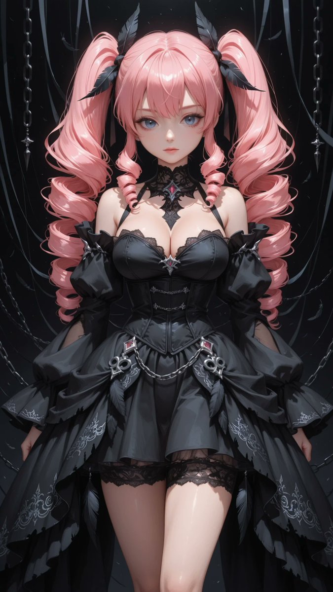 AliceLavli's tweet photo. 闇を纏ったドレスをどうぞ👗
fallen darkness dress, fitted corset bodice, deep sweetheart neckline, layered off-shoulder sleeves of tattered black chiffon, sharply defined waist, dramatically layered bell-shaped skirt with torn asymmetrical chiffon panels and flowing smoky organza trails, jagged feather-inspired overskirt, black thorn vine embroidery spreading across the bodice and skirt, ornate black lace overlays, obsidian crystal ornaments, dark metallic chain decorations draped from the waist, black satin ribbon streamers, shattered crystal accents, raven feather embellishments, oversized back drapes flowing like shadow, overwhelming dark aura, strict color placement, abyss black fabric only for the main dress, charcoal black only for the lace and feather layers, smoky dark gray only for the translucent chiffon and organza, obsidian black only for the crystal ornaments, dark gunmetal only for the chains and metallic decorations, symmetrical construction, precise tailoring