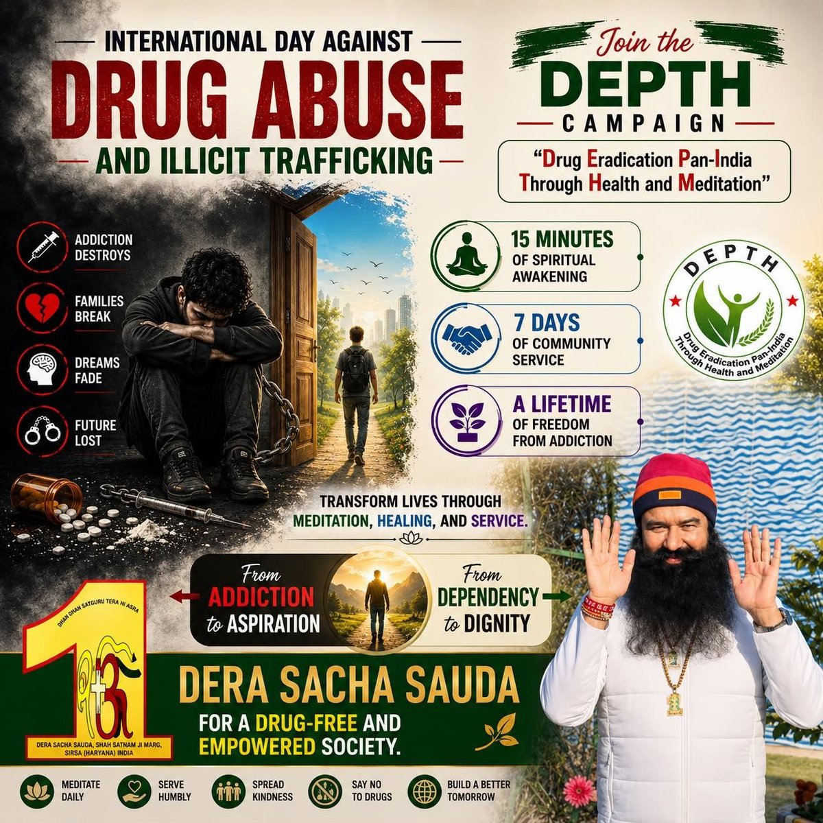 khushi_ch03's tweet photo. Saint Dr.Ram Rahim Singh Ji Insan leads a massive, global de-addiction and rehabilitation mission. His efforts encourage people to abandon drugs,alcohol in favor of a holistic,healthy lifestyle rooted in meditation
#InternationalDayAgainstDrugAbuse
#WorldDrugDay
#WorldDrugDay2026 https://t.co/w7nNPab2Yi