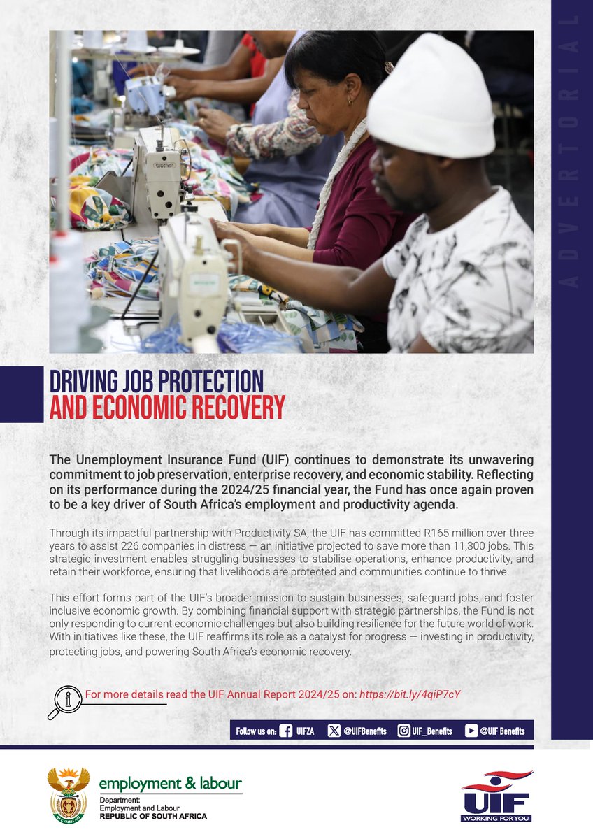 UIFBenefits's tweet photo. ADVERTORIAL: Driving Job Protection and Economic Recovery.

#UIF
#DEL
#WorkingForYou
#YaziniFriday
#ServiceDeliveryZA
#YouthMonth2026 https://t.co/3ymV7dilZj