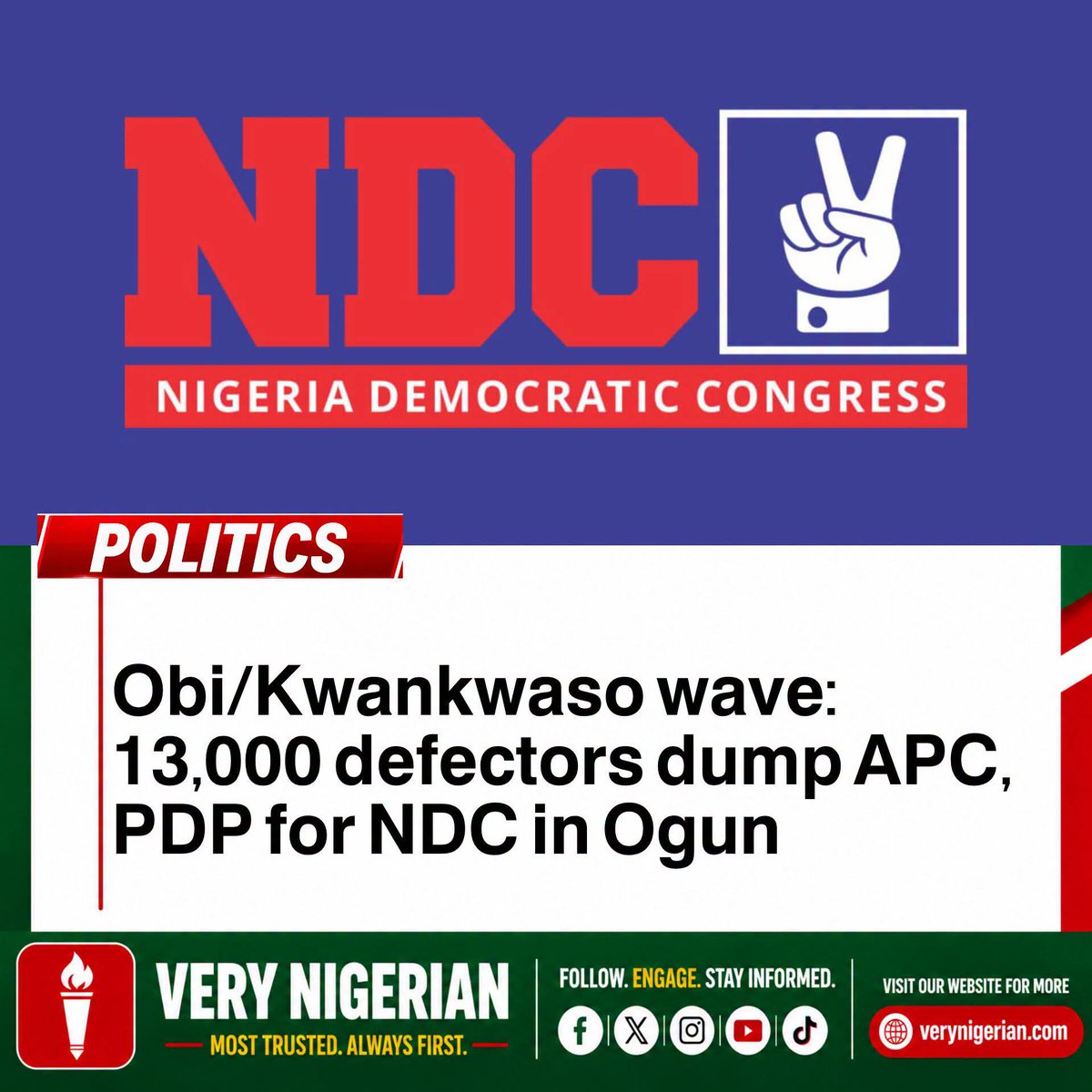 AgannaMatthew's tweet photo. 13,000 Defectors Dump APC, PDP for NDC in Ogun amid Obi/Kwankwaso wave

The Nigeria Democratic Congress (NDC) has recorded a major political boost in Ogun State following the defection of about 13,000 members and supporters from various political parties into its fold. https://t.co/AobIoNsgqH