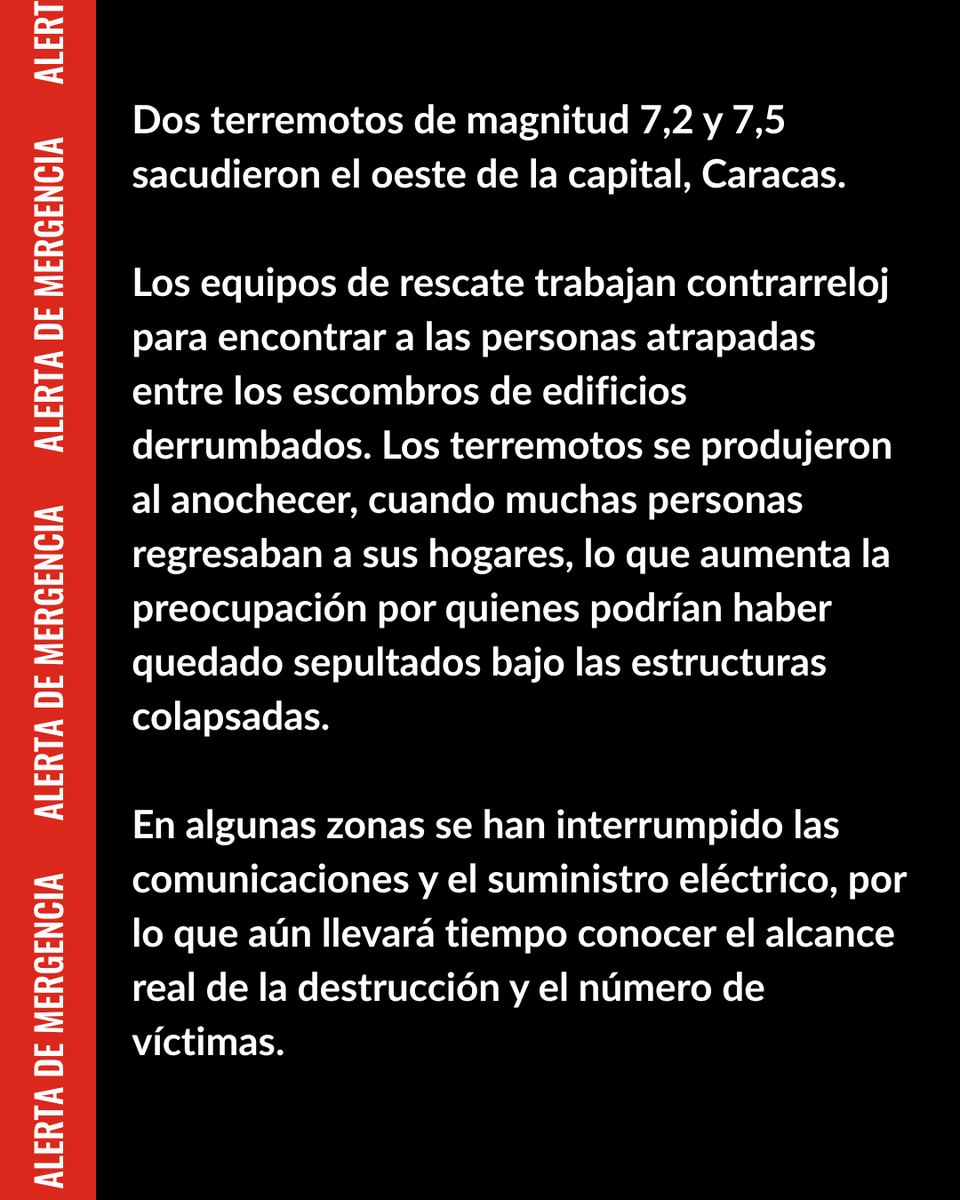 SaveChildrenEs's tweet photo. 2 potentes terremotos han sacudido Venezuela.

Mientras continúan las réplicas, miles de niños y niñas necesitan refugio, agua, alimentos, atención sanitaria y protección.

Ayúdanos a actuar con una donación a nuestro Fondo de emergencias.

🔗 https://t.co/xlzqAqobWA https://t.co/a5PNbIs719