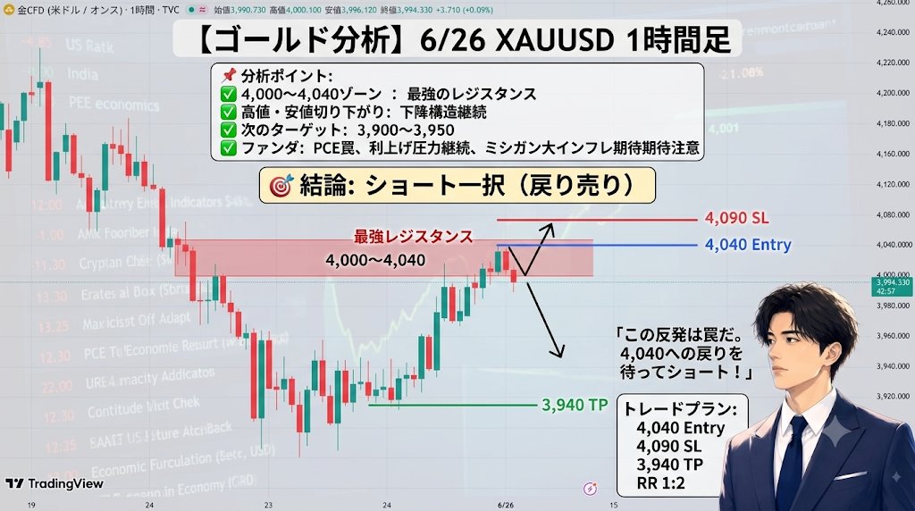 m_daichi_fx3's tweet photo. 【ゴールド分析】6/26 XAUUSD 1時間足🥇

🎯 結論：ショート一択（戻り売り）
・エントリー：4,040（現在値から約46pips上）
・損切り  SL：4,090（-50pips）
・利確  TP：3,940（+100pips）
・RR：1:2

📣 PCEで一時反発したが、これは罠だ。売り手はまだ諦めていない
「反発したから買ったらまたやられた…」
「4,000をずっと行ったり来たりで判断できない…」
その悩み、今日終わりにします。
最後まで見てください👇

📊 チャート概況
6/18FOMCショックで4,385から急落し、6/24に4,000を割り込み2025年11月以来の最安値を記録。6/25のPCEが予想通りだったことでドルが一時軟化しゴールドが4,000台を回復。しかしインフレは依然Fedの目標を大幅に上回っており、反発は一時的な動きに過ぎない。現在3,994付近で4,000ラインを挟んだ攻防が続いている。 

📌 テクニカル根拠
✅ 4,000〜4,040ゾーン：最強のレジスタンスとして機能中
崩れた心理的節目への戻りが完全にショートポイントに転換。チャート右側で何度も上値を抑えられており、ここへの戻りが絶好のエントリーポイント。

✅ 高値・安値ともに切り下がる下降構造が継続
一時的な反発があっても前の高値を超えられない売り手優位の構造に変化なし。

✅ 次のターゲットは3,900〜3,950
下値ターゲットは10月28日安値3,886.62、続いて9月23日高値3,791.12が視野に入る。

🌍 ファンダ補足
🔴 PCE予想通りも利上げ圧力は継続
PCEが予想通りだったことで9月利上げ確率は68%から63%へ小幅低下。しかし依然として3人に2人が利上げを予想している状態で、ゴールドへの売り圧力は解消されていない。

🔴 本日はミシガン大学インフレ期待が発表
6/26にミシガン大学の6月インフレ期待が発表。高い数字が出れば利上げ圧力が再燃しゴールドの反発シナリオは崩壊する。週末前のポジション調整も重なり4,000を再度割り込むリスクが高い。

🟡 油価下落で安全資産需要も低下
米・イラン和平進展で原油が紛争前の水準まで回復。インフレ懸念後退と安全資産需要低下のダブルパンチが継続中。

この分析が参考になったらいいね＆リポストで仲間へ届けてください🙏
⚠️ ミシガン大インフレ期待発表前後は急変動に注意。投資は自己責任でお願いします。
#ゴールド #GOLD #XAUUSD