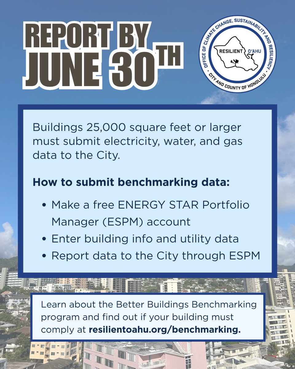 ResilientOAHU's tweet photo. The June 30 deadline for large commercial and multifamily buildings to submit 2026 benchmarking data is rapidly approaching 🏙️ Check the Buildings Transparency Map to see if your building submitted their utility report: https://t.co/RQf0932Tov. https://t.co/ZO3jFAAckB