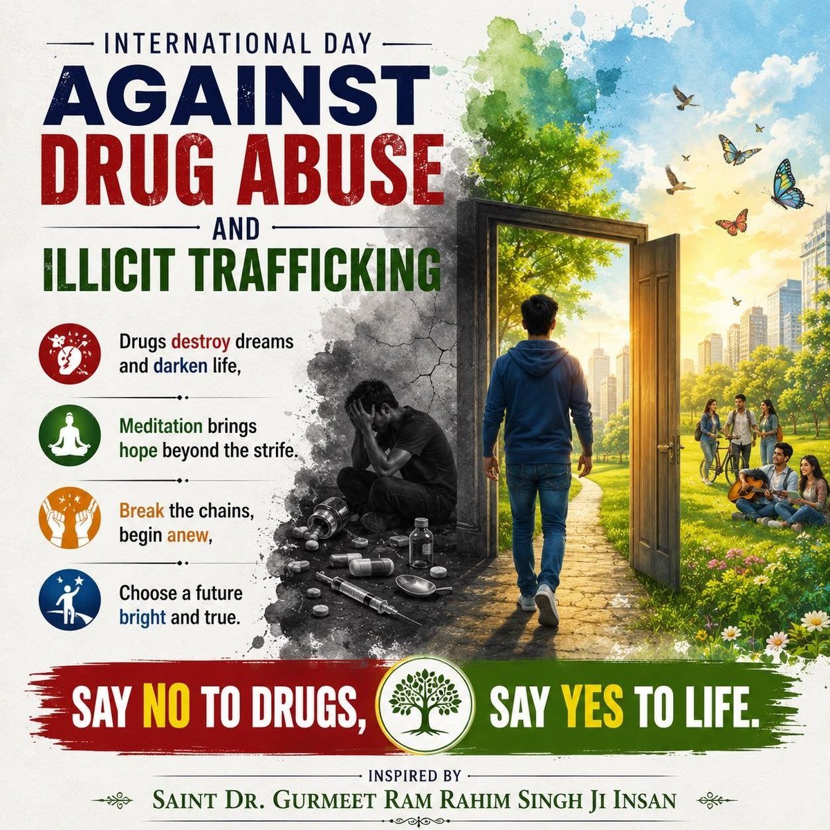 chodry86997's tweet photo. #InternationalDayAgainstDrugAbus Saint Gurmeet Ram Rahim Ji ने DEPTH अभियान शुरू किया, ताकि लोगों को नशे की लत से बाहर निकलने में सहायता मिल सके।मेडीटेशन  मन को शांत करने, तनाव कम करने और आत्मविश्वास बढ़ाने में मदद करती है, 
#WorldDrugDay
#WorldDrugDay2026 https://t.co/bxzCMQnPo1
