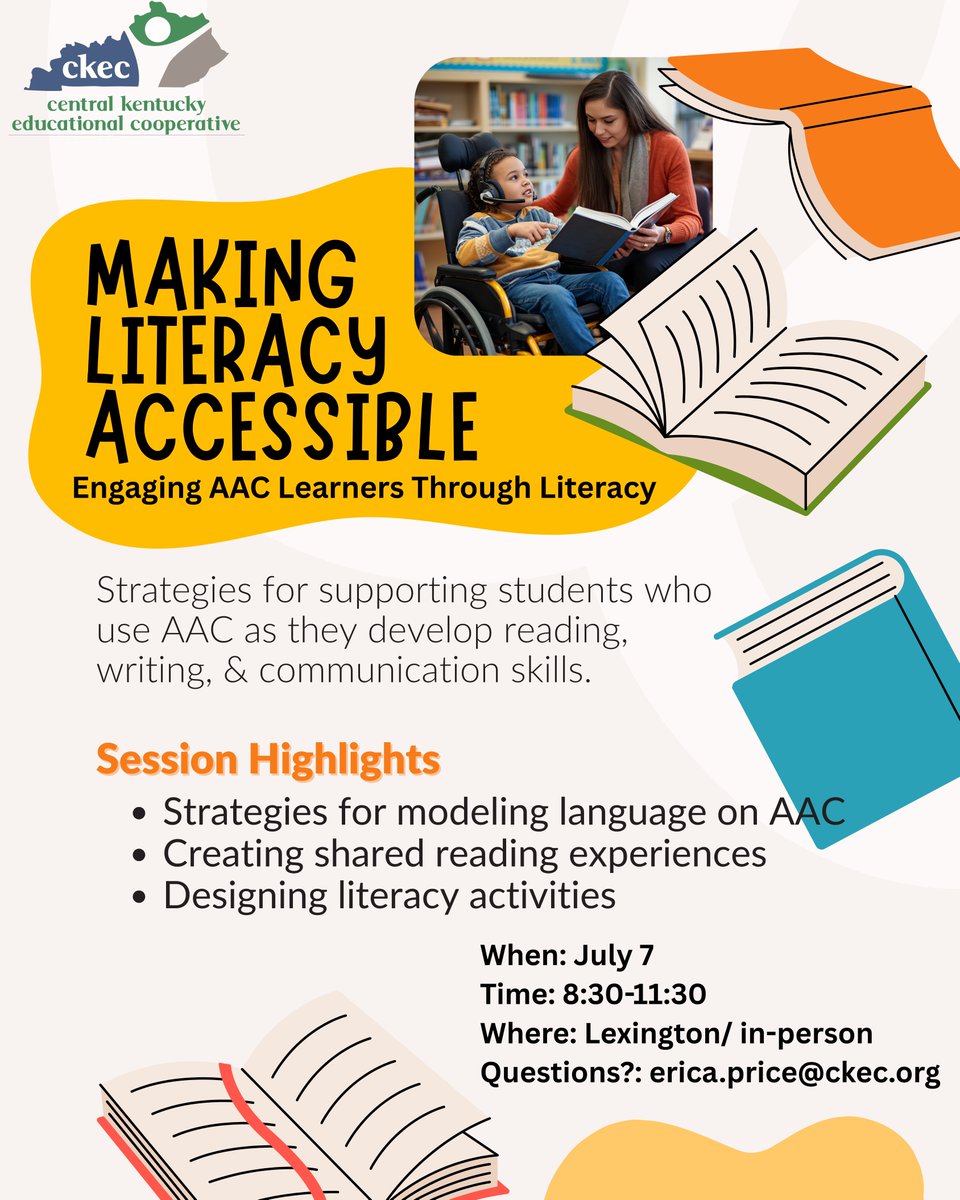 CKYEC's tweet photo. Join us for an engaging morning of learning focused on AAC and literacy! This three-hour workshop provides actionable strategies to help students actively participate in reading and writing. Let us make learning fun and inclusive for everyone. https://t.co/Q1ZfCa1hZ0