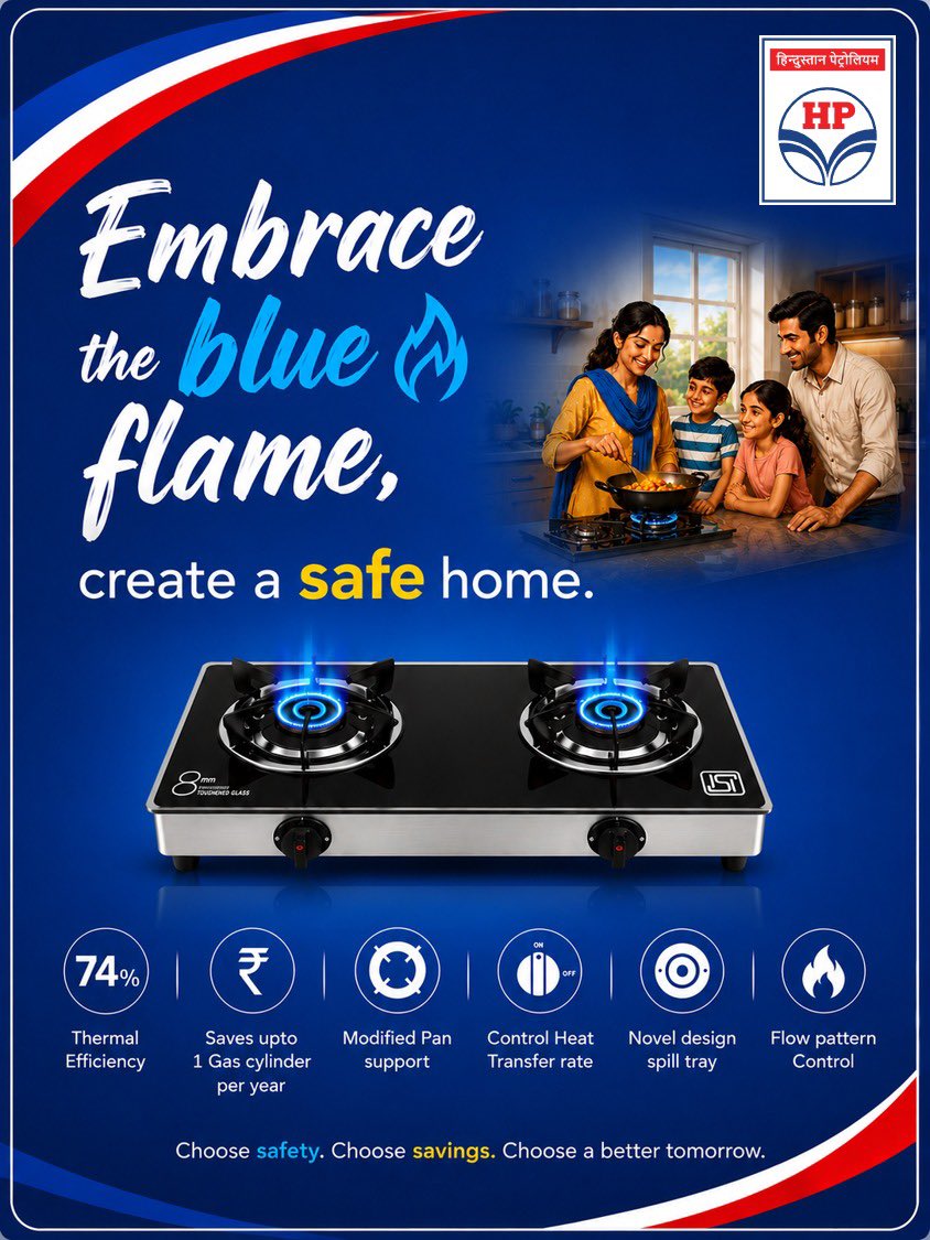 mastr_Yuvraj's tweet photo. Tweet for the day- 💙 Every blue flame is a step towards a safer, smarter, and more efficient.

🔥 Switch to High Thermal Efficiency stoves today.

#HPGas #BlueFlame #ThermalEfficiency #EnergySavings #LPG #SafeCooking #SmartKitchen #SustainableLiving #FuelSavings @HPCL @HPGAS_HQO https://t.co/62z4lPCfTp