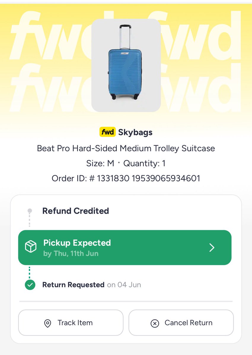 prateek076's tweet photo. @myntra @MyntraSupport Unacceptable service! I received a used, dusty suitcase missing all tags. My return was approved, but the pickup is now 15 days overdue (scheduled for June 11). Emails to grievance are ignored &amp; app support is a dead bot loop. Order: 1331830 19539065934601 https://t.co/tDYWDxD4aA
