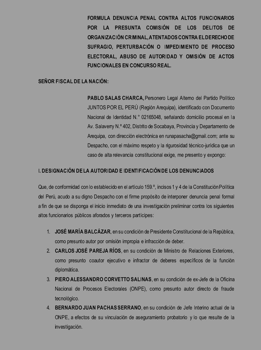 JaimeHerreraCaj's tweet photo. #Perú abogados de juntos por el Perú presentan denuncia penal contra el presidente Balcázar, el Canciller y funcionarios del sistema electoral por el presunto delito de organización criminal, perturbación del derecho al sufragio y otros https://t.co/7aKpQhp7Qo