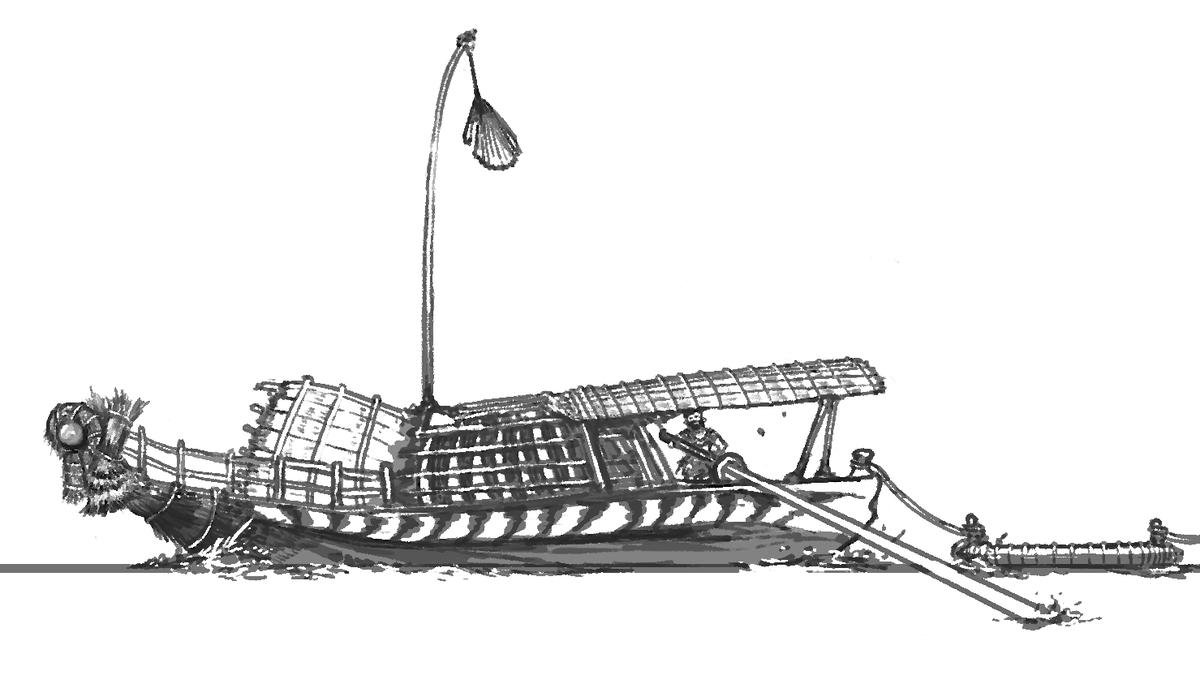 bobsicleg's tweet photo. A reed, wood, and fishbone vessel from a vast and shallow (~3m) sea. It drags floating platforms hanging with filter-feeding molluscs harvested for sea silk, bringing them to plankton blooms.
#sunspire #worldbuliding #art #boat #fantasy https://t.co/SVwuf4TplD