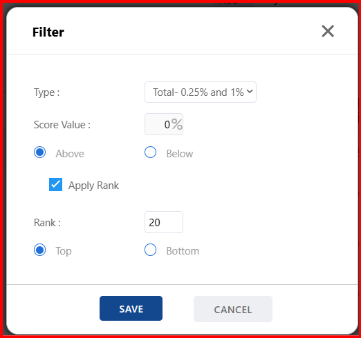 JAY072685376145's tweet photo. @Hey_Pravin @Definedge @Prashantshah267 @VijayThk while creating TOP DOWN SCREENER > GO TO FILTER OPTION > SELECT TOTAL 0.25% AND 1% > ENTER SCORE VALUE > 0 AND IF YOU WANT TOP 20 TICK APPLY RANK &amp; SELECT TOP &amp; 20. If you have more doubts let me know THANK YOU. https://t.co/U9LoHCbTnq