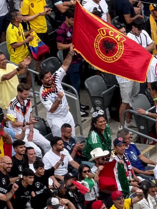 kosovarfootball's tweet photo. UÇK flag at Ecuador vs Germany 😍

#FIFAWorldCup https://t.co/HJIPHym7i5