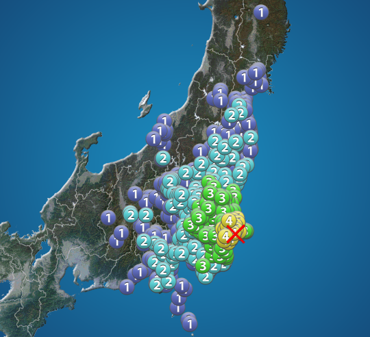 wni_jp's tweet photo. 【地震情報】
6月26日 12:46 震度4
震源：千葉県北東部 M5.8 深さ約50km
この地震による津波の心配はありません。
https://t.co/aFcj8tQvKk https://t.co/MFpXvPJMPm