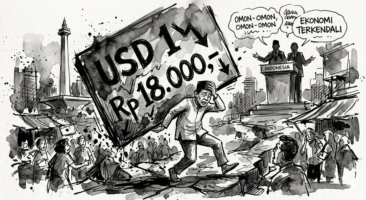 ethadisaputra's tweet photo. Di saat Presiden dan Menteri Keuangan sibuk mengumbar omon-omon bahwa ekonomi kita aman dan kuat, realitas di lapangan justru menghantam keras: 

Nilai tukar Rupiah ambruk lagi hingga menyentuh angka 18.000 per dolar AS. 

Anjloknya Rupiah ini adalah bukti nyata bahwa pasar sama sekali tidak percaya pada pidato-pidato inkompeten. 

Alih-alih sibuk bersilat lidah dengan retorika kosong, pemerintah seharusnya sadar bahwa mata uang yang terus melemah adalah alarm bahaya yang menunjukkan bahwa fondasi ekonomi riil kita sebenarnya sangat rapuh dan tidak punya daya tahan.