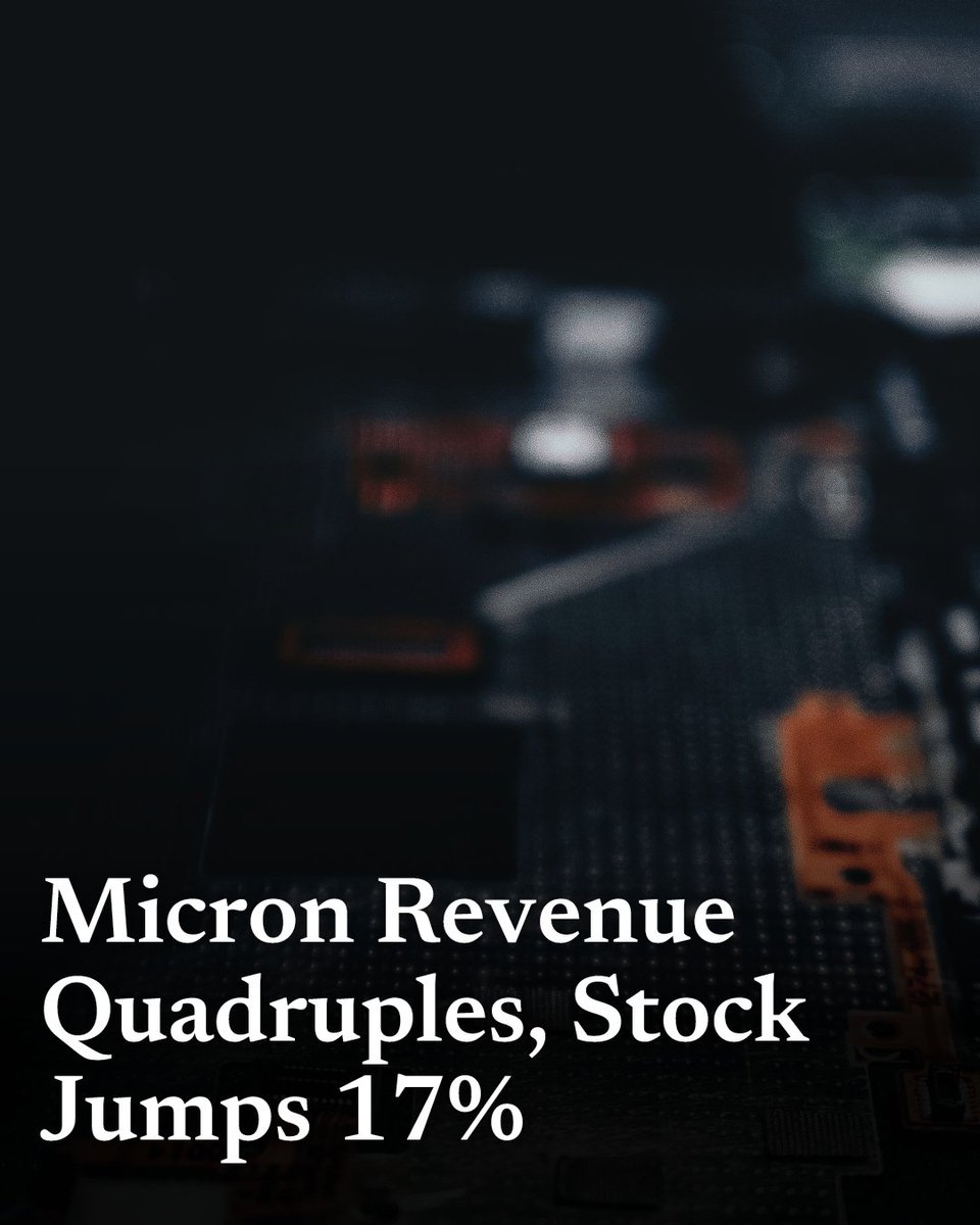 QuantGT's tweet photo. Micron ($MU) just quadrupled revenue to $41.46B, beating the $35.85B estimate. Adjusted EPS of $25.11 topped the $20.78 consensus. Stock up 17%, dragging the chip sector higher — SanDisk +22%, Applied Materials +13.4%. https://t.co/TX6SHbzmfK