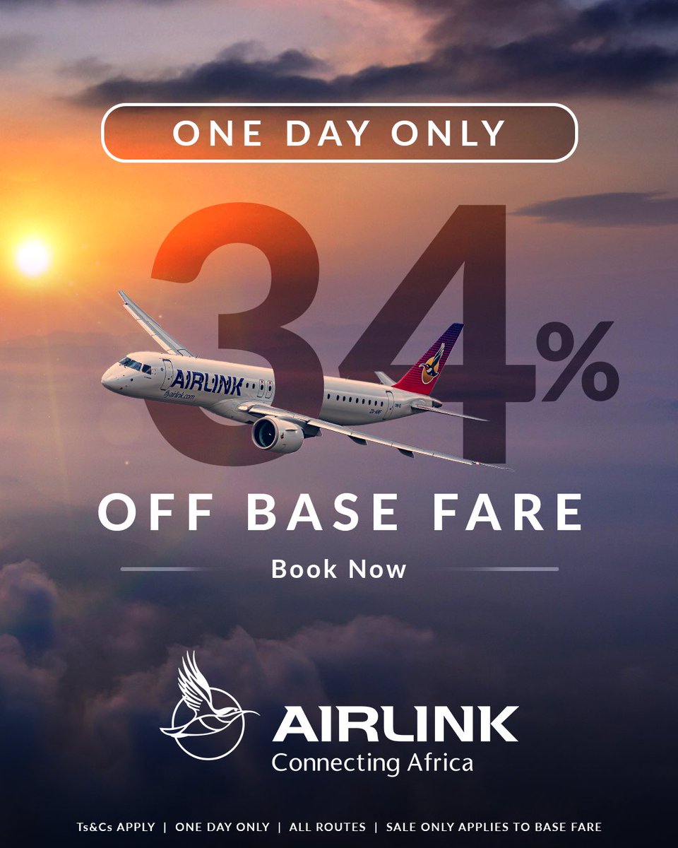 Fly_Airlink's tweet photo. Today only! 🚨

We're celebrating 34 years of connecting Africa with 34% off the base fare of your ticket! ✈️🤩 

Book flights now at https://t.co/kaTURNhkdB

Find out more: https://t.co/wlmJxz1jv4

*Ts&Cs Apply. 34% off base fare, excluding taxes and charges. For travel up to and including 20 June 2027.

#Airlink #FlyAirlink #FlyTheLink #Skybucks