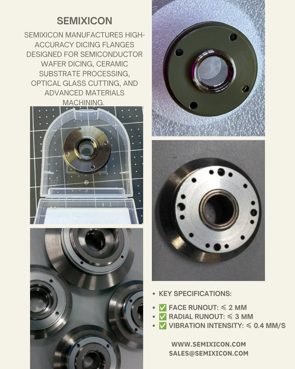 AdrianZhang568's tweet photo. SEMIXICON for Ultra-Thin Semiconductor Dicing
Face Runout:≤ 2 μm
Radial Runout:≤ 3 μm
Vibration Intensity:≤ 0.4 mm/s
https://t.co/orms06w3dN
#DicingFlange #WaferSingulation #SiCDicing #DicingBlade #YieldOptimization #WaferDicing #MicroChipping #KerfLoss #OpticalGlassProcessing https://t.co/9plLsKuX4Z