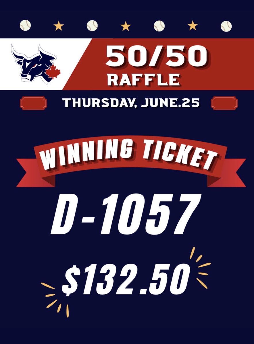 lethbridgebulls's tweet photo. Tonight’s winner of Bulls vs. ENC game 50/50⚾️🌟

Please come claim your prize at Spitz Stadium ! 

#lethbridgebulls #hornsup https://t.co/eWMi2JKwTe