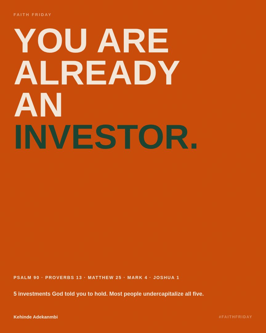 Kennie02831462's tweet photo. You don't need a brokerage account to start investing.
True stewardship isn't about playing it safe or burying what you've been given because of fear. It's about:
Which of these 5 assets needs your focus right now?
#FaithFriday #Stewardship #KingdomWealth #sabotażysta https://t.co/sjWGZgPaC8