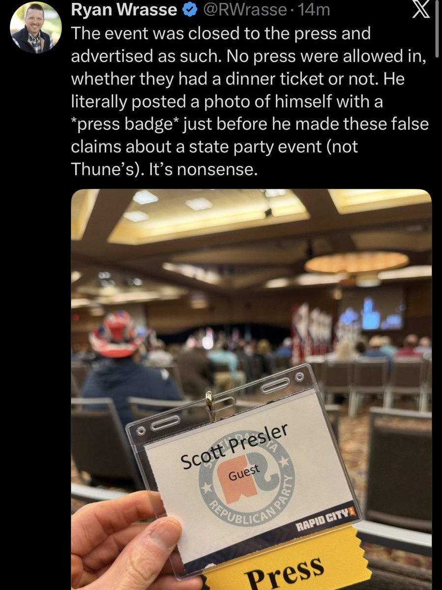 Notwokenow's tweet photo. They’re now saying they wouldn’t let him because he’s “press.” 

Scott Presler is NOT press, he is a grassroots organizer. 

This is 100% disingenuous. 

Scott was disrespected for no good reason and Thune is a coward. 

While @ScottPresler was the consummate professional. https://t.co/CLKeudNfs0