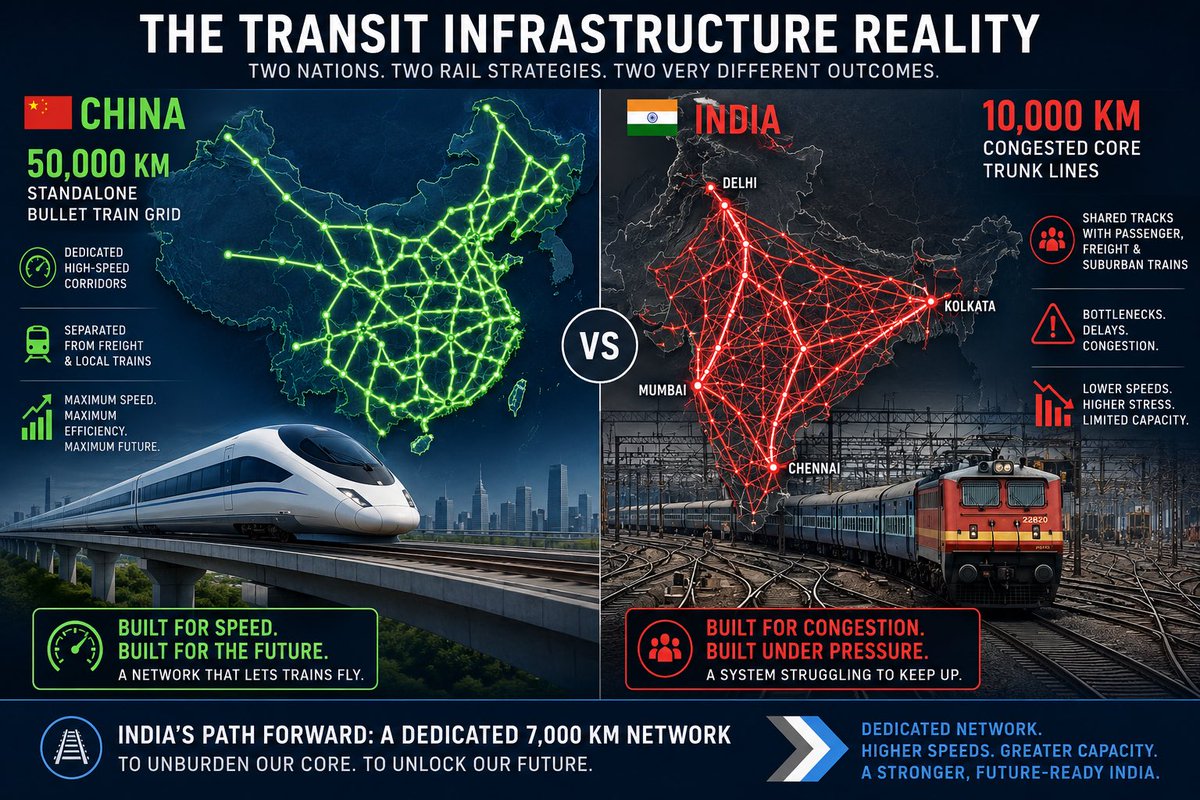 anujg's tweet photo. I lived in Beijing in 2011 when the Beijing-Shanghai bullet train opened, cutting a 10-hour trip to 4.5. That line delivered a solid 8% economic return.

This is more than what the Government of India can earn on standard public works, and more than what it borrows at. So, it makes total financial sense.

With China's standalone bullet train grid topping 50,000 km compared to India’s ~10,000 km of core congested passenger trunks, Railway Minister Ashwini Vaishnaw’s announcement of a planned 7,000 km network is exactly the scale we need.

The 7 newly approved corridors will systematically reshape our regional geography:
• Eastern: Delhi–Varanasi & Varanasi–Siliguri (via Patna)
• Southern: Chennai–Bengaluru, Hyderabad–Bengaluru & Hyderabad–Chennai
• Western: Pune–Hyderabad & Mumbai–Pune

Which new high-speed corridor will reshape economic productivity in your state?