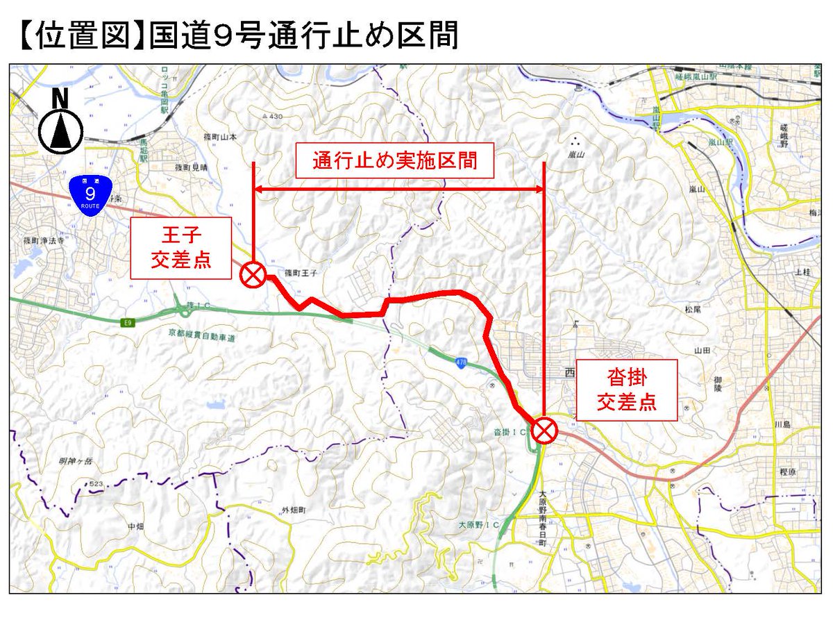 kyotokokudou's tweet photo. 国道９号　通行止めのお知らせ（第１報）
大雨に伴い、法面の土砂流出が確認されたため、沓掛交差点～王子交差点において、6月26日（金）6時50分から、通行止めをおこなっています。
当該区間を利用される皆様には、大変ご迷惑をおかけしますが、ご理解と協力をお願いします。
＃国道９号通行止め https://t.co/Usd6qcATaV