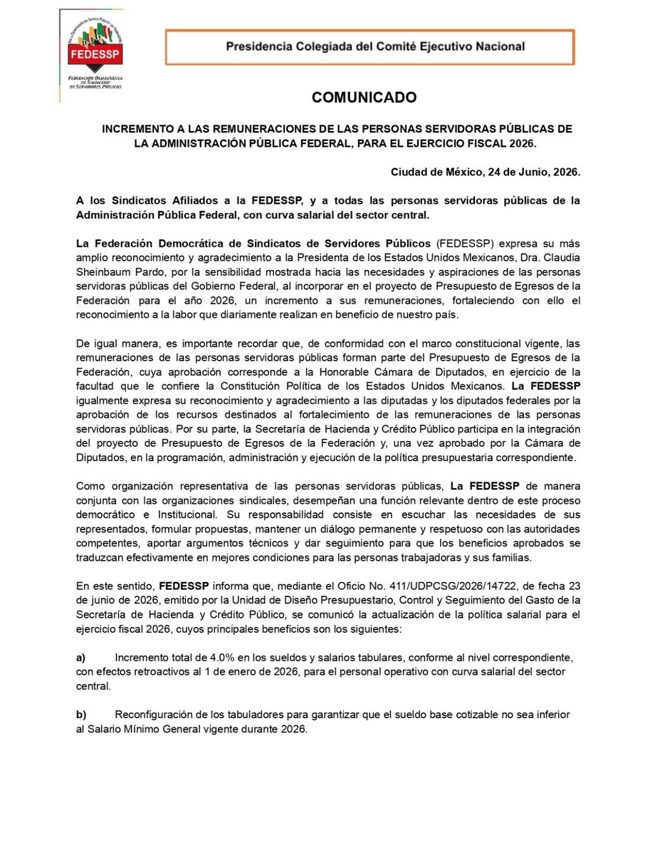 FedesspN's tweet photo. #Comunicado 
Incremento en Sueldos, Salarios, Remuneraciones y Prestaciones que serán actualizados con efectos retroactivos en términos del Oficio No. 411/UDPCSG2026/14722, de fecha 23 de junio de 2026.
@agusaviles1 @sntsadersecc01 @censntsict @marudavalos29 
@mariogomezgg https://t.co/ipN8yxxGIN